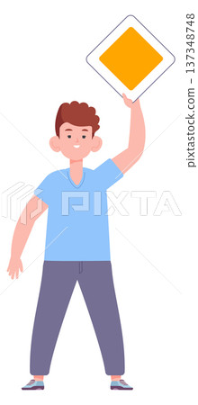 Boy hold road sign. City rules education Boy hold road sign. City rules education 137348748