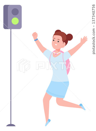 Girl look on green traffic light. Road safety rules Girl look on green traffic light. Road safety rules 137348756