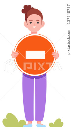 Stop mascot. Girl hold forbidden road sign Stop mascot. Girl hold forbidden road sign 137348757