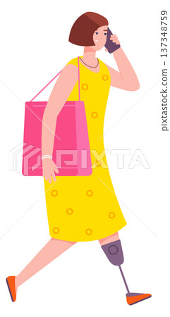 Casual woman with prosthetic leg walk outdoor color icon 137348759