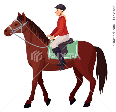 Female jockey cartoon character. Young woman ride animal 137348842