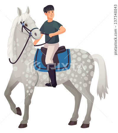 Kid sit on horse back. Equine club training character 137348843