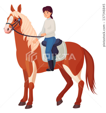 Girl horseback. Kid sit in saddle. Horse rider 137348845