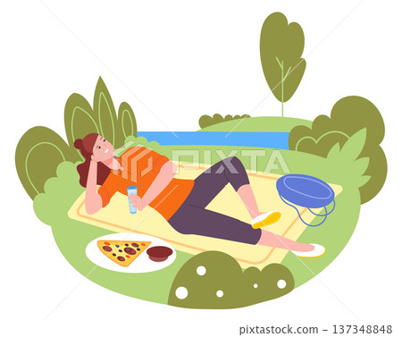 Happy girl on picnic. Summertime leisure color concept 137348848