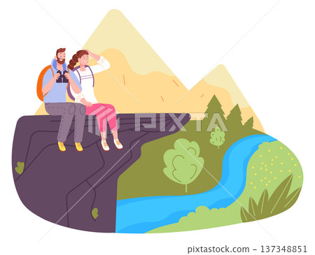 Happy couple sit on mountain cliff. Outdoor trip adventure Happy couple sit on mountain cliff. Outdoor trip adventure 137348851