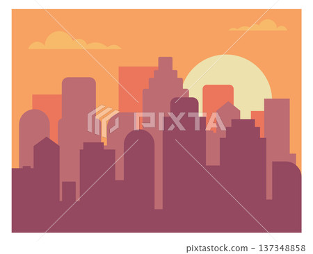 Sunset sky in city panorama. Downtown urban buildings 137348858