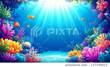 Frame of corals and fish on the seabed. Underwater background illustration with central margin. 137349023