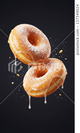 Dynamic image of donuts floating with dripping icing sugar 137349024