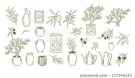 Vintage hand drawn linear olive tree branches with leaves, ceramic pots and vases and olive oil Vintage hand drawn linear olive tree branches with leaves, ceramic pots and vases and olive oil 137349243