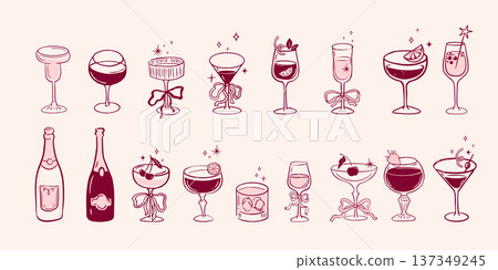 Burgundy hand drawn cocktail party set with wine glasses and champagne bottles. Retro illustrations Burgundy hand drawn cocktail party set with wine glasses and champagne bottles. Retro illustrations 137349245