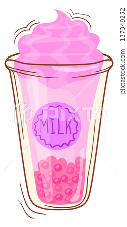Milk tea with pink cream in plastic takeaway cup 137349252