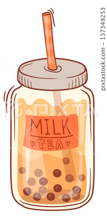 Milk tea in glass jar. Trendy summer drink Milk tea in glass jar. Trendy summer drink 137349253