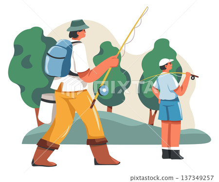 People go fishing. Summer trip cartoon scene 137349257