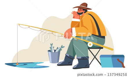 Happy angler with spinning rod. Catching fish scene Happy angler with spinning rod. Catching fish scene 137349258
