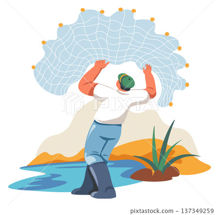 Man hold fishing net. Fisher activity scene Man hold fishing net. Fisher activity scene 137349259