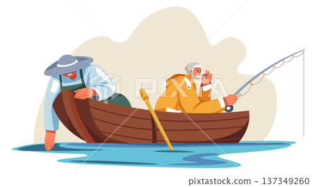 River fishing. Fishers on wooden boat cartoon scene 137349260