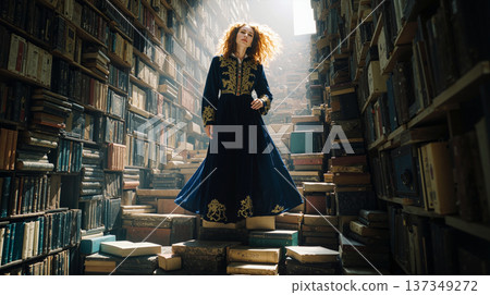 Woman walking on staircase of books in magical library 137349272