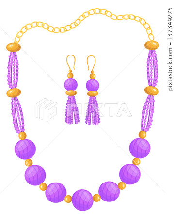 Necklace and earrings set. Golden chain jewelry cartoon icon Necklace and earrings set. Golden chain jewelry cartoon icon 137349275