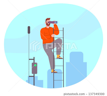 Man climbing ladder and look at binoculars. Future strategy 137349300