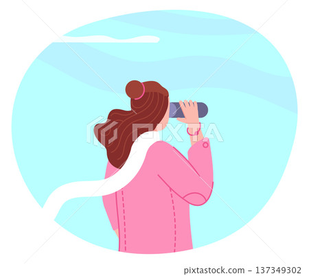 Woman look at binoculars rear view. Idea search 137349302