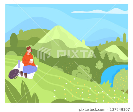Green valley picnic. Woman look at beautiful landscape Green valley picnic. Woman look at beautiful landscape 137349307