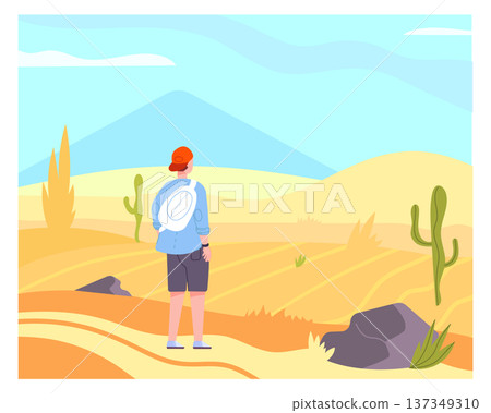 Desert traveler. Young tourist look at nature landscape 137349310