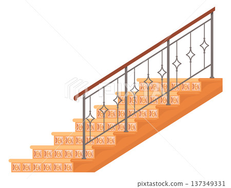 Stone staircase with forged handrail. Cartoon stairs icon Stone staircase with forged handrail. Cartoon stairs icon 137349331