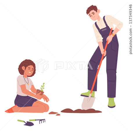 Gardening work. Man dig ground for sapling planting Gardening work. Man dig ground for sapling planting 137349346