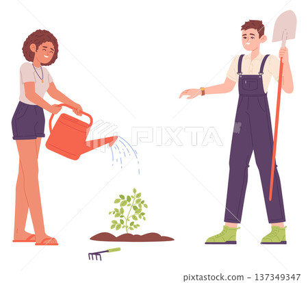 People plant tree. Woman watering sapling cartoon characters People plant tree. Woman watering sapling cartoon characters 137349347