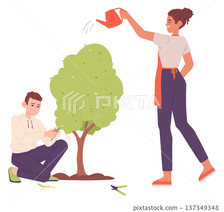 Watering garden tree scene. People gardening together Watering garden tree scene. People gardening together 137349348