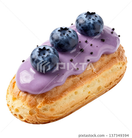 Delicious french eclair topped with glossy purple blueberry glaze, isolated on transparent background for bakery menus and patisserie design 137349394