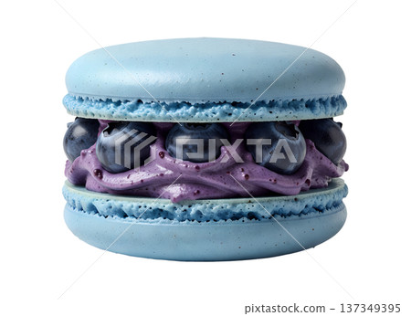 Delicious blueberry-flavored french macaron with creamy filling, isolated on a transparent background. Perfect for patisserie and dessert design Delicious blueberry-flavored french macaron with creamy filling, isolated on a transparent background. Perfect for patisserie and dessert design 137349395