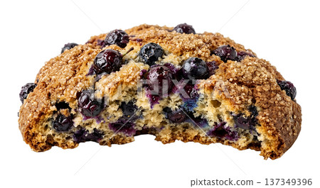 Fresh, baked blueberry scone with a bite taken out, revealing juicy berries inside, isolated on a transparent background for bakery and food concepts Fresh, baked blueberry scone with a bite taken out, revealing juicy berries inside, isolated on a transparent background for bakery and food concepts 137349396
