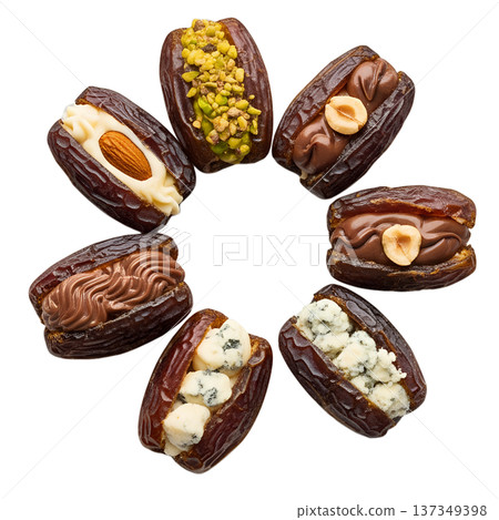 Assortment of gourmet stuffed dates on a transparent background, featuring fillings like nuts, cream cheese, and drizzled chocolate for elegant appetizers 137349398