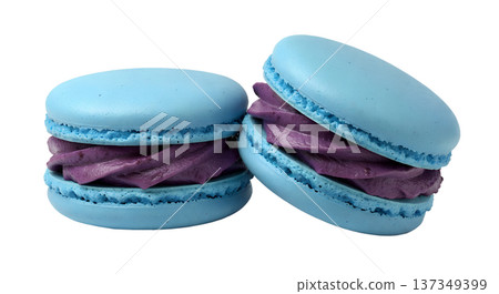 Two delicate blue french macaron cookies with a vibrant purple filling inside, isolated on a transparent background for design flexibility Two delicate blue french macaron cookies with a vibrant purple filling inside, isolated on a transparent background for design flexibility 137349399
