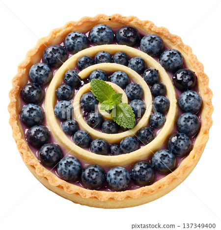 Delicious fresh blueberry tart with glazed berries and a green mint leaf, isolated on a transparent background for easy product placement and baking designs Delicious fresh blueberry tart with glazed berries and a green mint leaf, isolated on a transparent background for easy product placement and baking designs 137349400