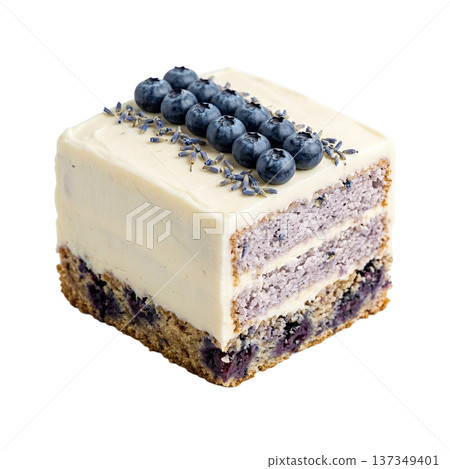Slice of blueberry lavender cake with visible berries and lavender buds, isolated on a transparent background for baking and dessert themes Slice of blueberry lavender cake with visible berries and lavender buds, isolated on a transparent background for baking and dessert themes 137349401