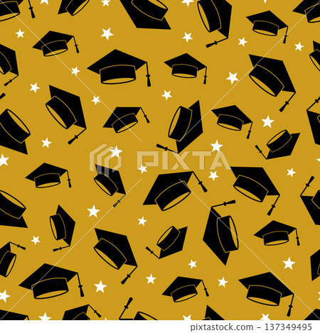 Graduation caps seamless pattern. Academic hats thrown up. Grad ceremony backdrop. Vector template for fabric, textile, wallpaper, wrapping paper, scrapbooking, etc. 137349495