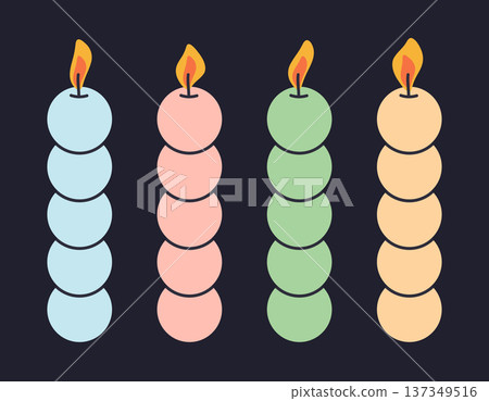 Burning aromatic candles. Bubble aroma candles, cute wax decorative home interior aromatherapy candles flat vector illustration set. Cartoon candles collection isolated on white Burning aromatic candles. Bubble aroma candles, cute wax decorative home interior aromatherapy candles flat vector illustration set. Cartoon candles collection isolated on white 137349516