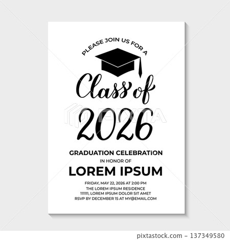 Graduation party invitation card template. Black and white grad party invite. Graduation celebration announcement. Class of 2026 vector illustration. Graduation party invitation card template. Black and white grad party invite. Graduation celebration announcement. Class of 2026 vector illustration. 137349580