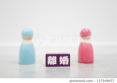 Family problem image with wooden dolls of a man and a woman symbolizing divorce and letter blocks. Family problem image with wooden dolls of a man and a woman symbolizing divorce and letter blocks. 137349657