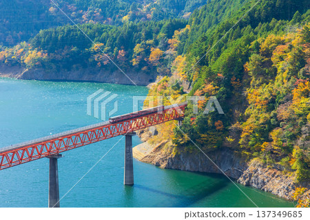 Oigawa Railway Ikawa Line in autumn - Okuoi Rainbow Bridge with autumn leaves 137349685