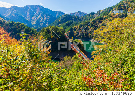 Oigawa Railway Ikawa Line in autumn - Okuoi Rainbow Bridge with autumn leaves Oigawa Railway Ikawa Line in autumn - Okuoi Rainbow Bridge with autumn leaves 137349689