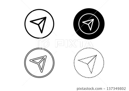 Minimal Paper Plane Navigation Icon Set In Circular Outline, Solid And Dotted Styles Minimal Paper Plane Navigation Icon Set In Circular Outline, Solid And Dotted Styles 137349802