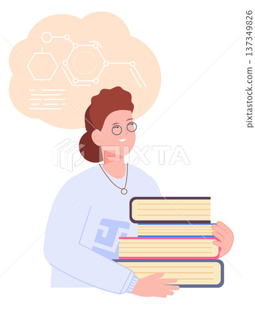 Female student. Scientist color woman character with book stack Female student. Scientist color woman character with book stack 137349826