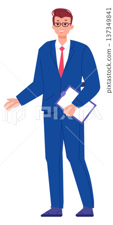 Businessman color character. Successful entrepreneur with paper document Businessman color character. Successful entrepreneur with paper document 137349841