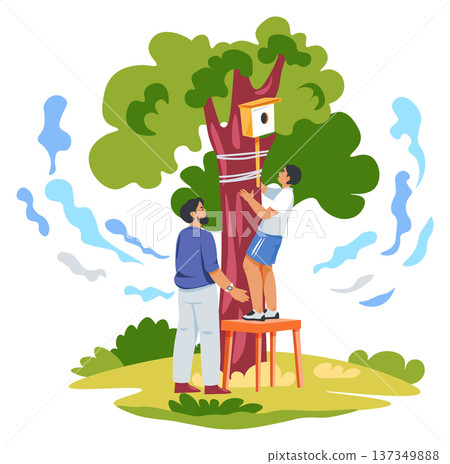 Father and son make birdhouse together. Parent kid time 137349888