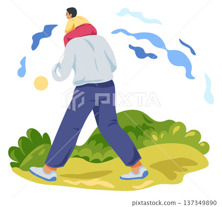 Parent kid summer travel together. Dad carry son Parent kid summer travel together. Dad carry son 137349890