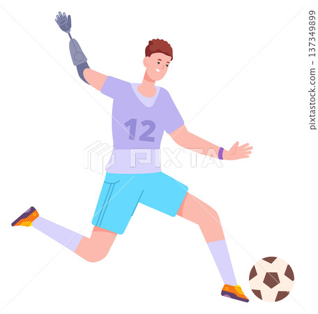 Soccer player with prosthetic hand. Man play football 137349899