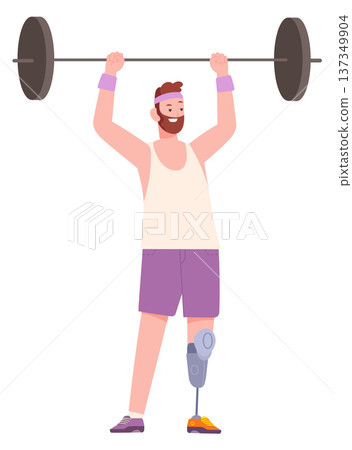 Disabled man fitness training. Exercise with prosthetic leg Disabled man fitness training. Exercise with prosthetic leg 137349904